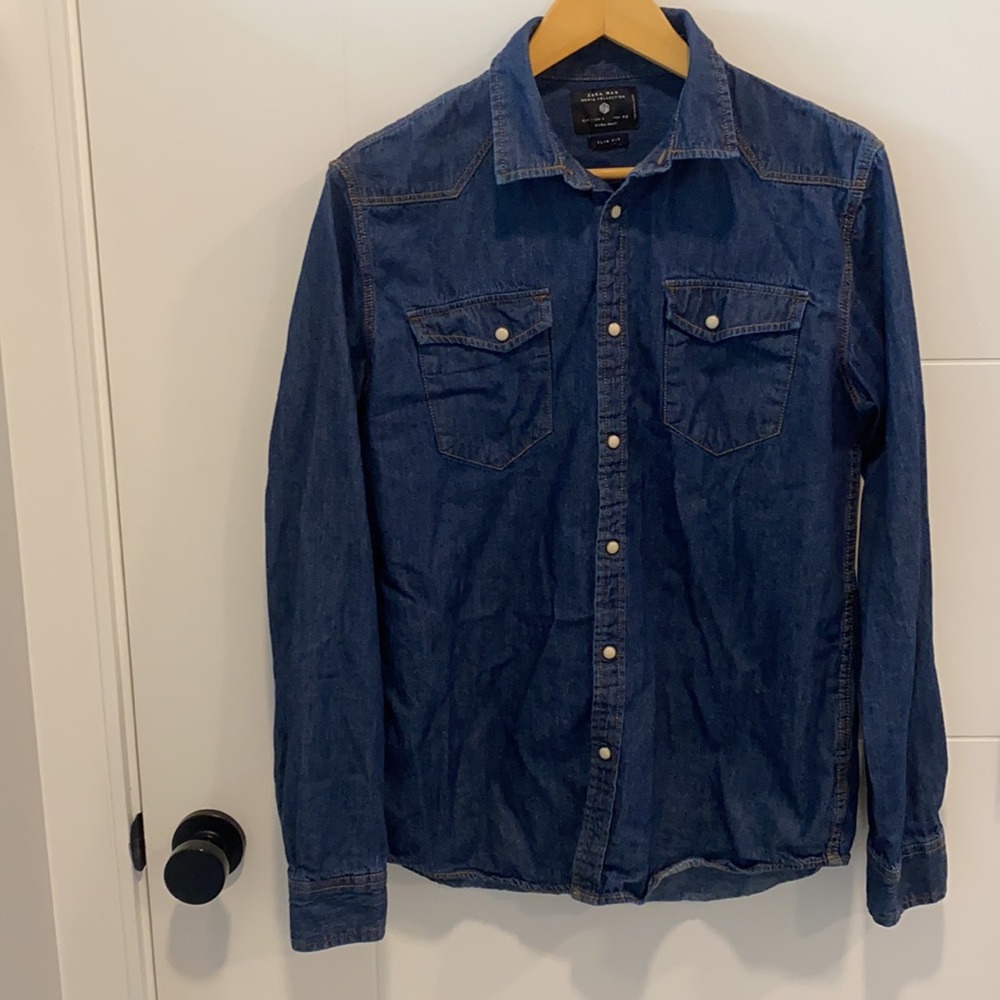 Zara Man denim button up jean shirt slim fit LG